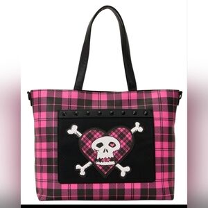 Avril Lavigne Loungefly Pink Plaid Skull Heart Tote Bag with Black Accents